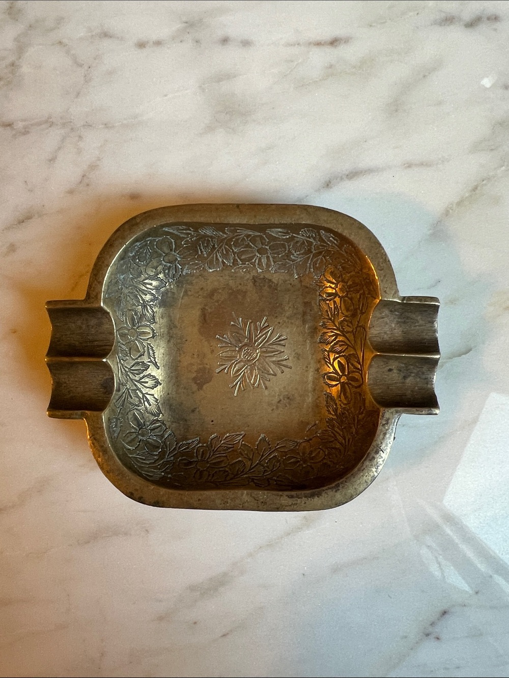 Vintage Brass Engraved Metal Ashtray
